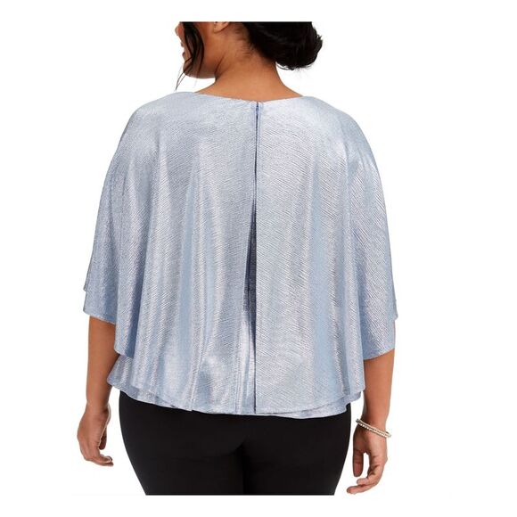 ADRIANNA PAPELL Womens Light Blue Capelet 3/4 Sleeve Peplum Top Petites 14P - Picture 2 of 4
